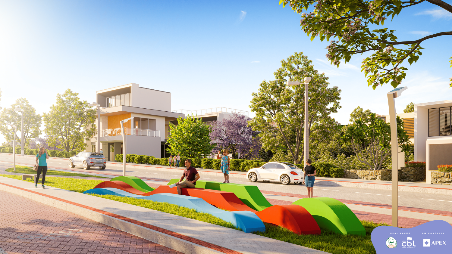 Parque linear com mobiliário urbano e paisagismo